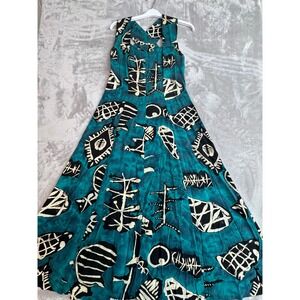 All That Jazz Vintage 90s Teal Black Abstract Batik Criss Cross Maxi Dress 9/10